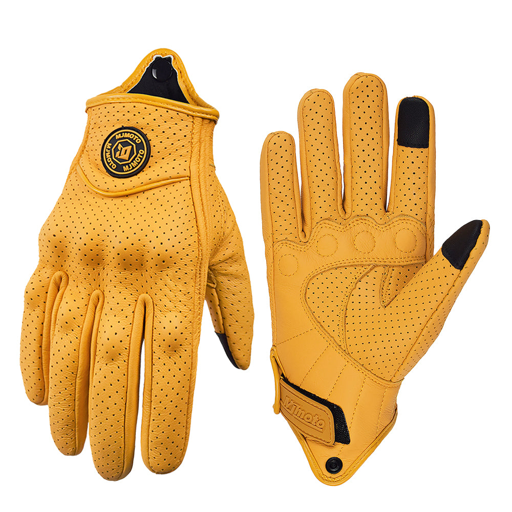 Retro Yellow Leather Motorcycle Gloves Men Women Breathable Perforated Motorbike Racing Gloves Touch Screen Motocross Moto Glove