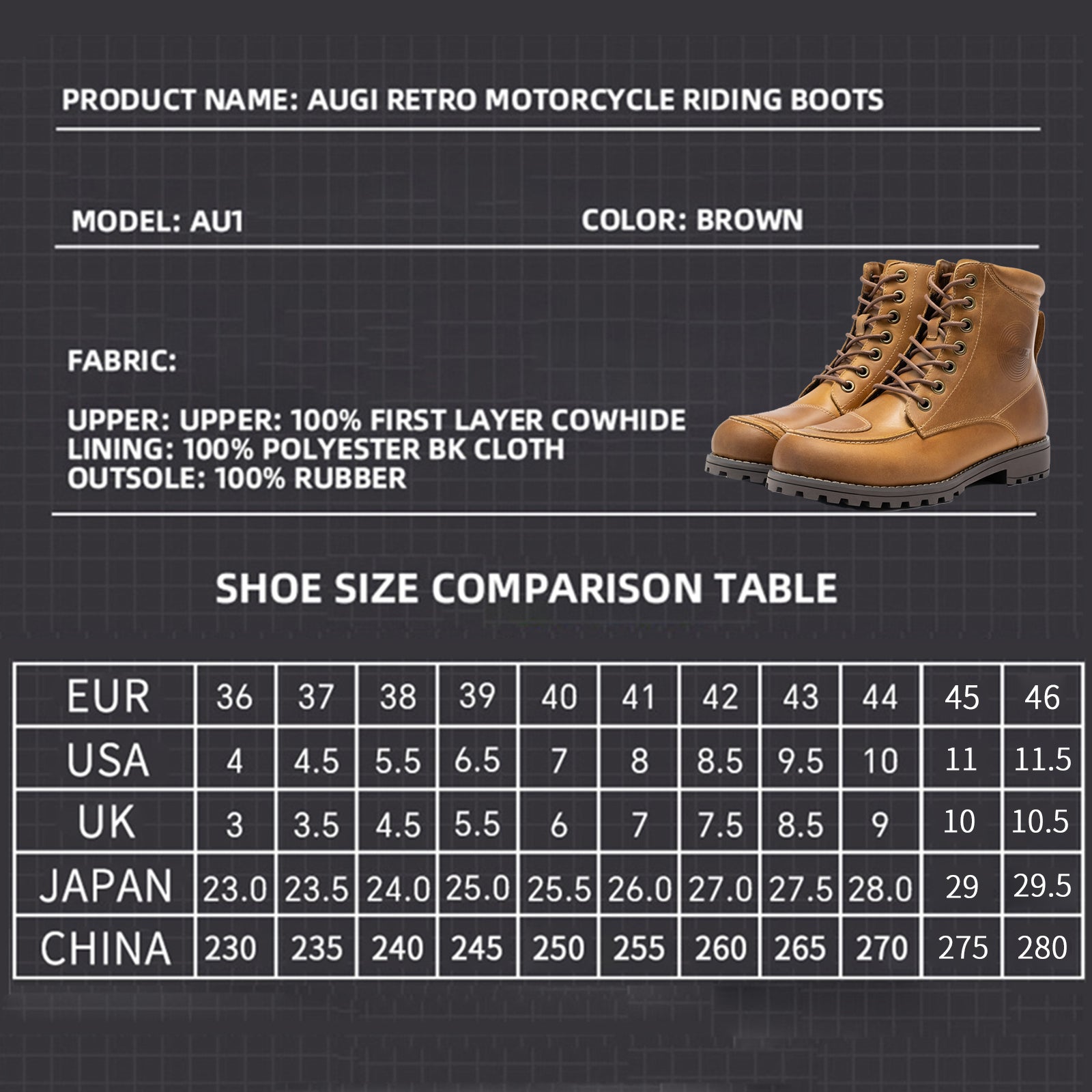 AUGI Urban Commuter Motorcycle Boots for Men & Women - Retro