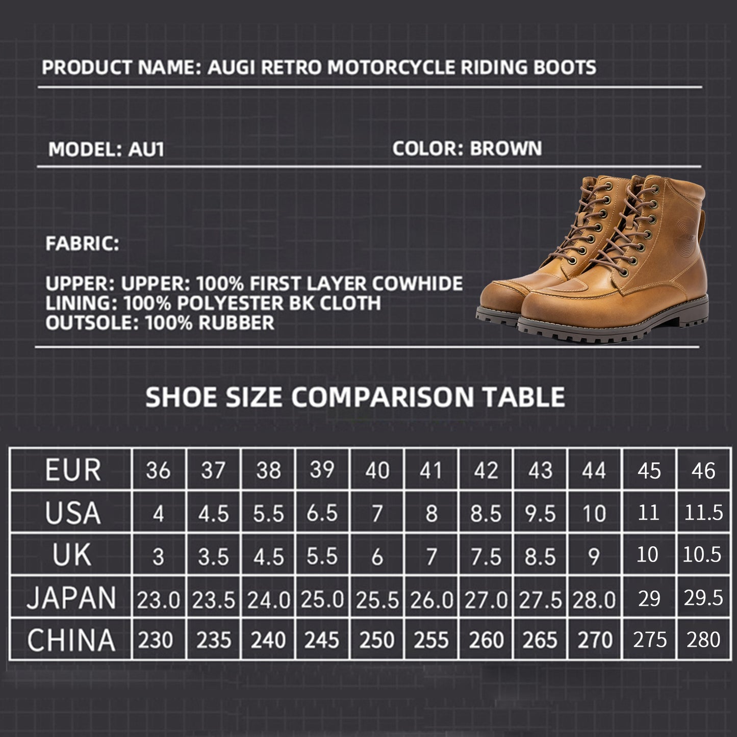 AUGI Urban Commuter Motorcycle Boots for Men & Women - Retro Classic Anti-Scratch Casual Riding Shoes, Stylish & Protective (Size 36-46)