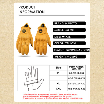 Retro Yellow Leather Motorcycle Gloves Men Women Breathable Perforated Motorbike Racing Gloves Touch Screen Motocross Moto Glove