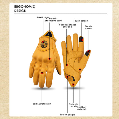Retro Yellow Leather Motorcycle Gloves Men Women Breathable Perforated Motorbike Racing Gloves Touch Screen Motocross Moto Glove