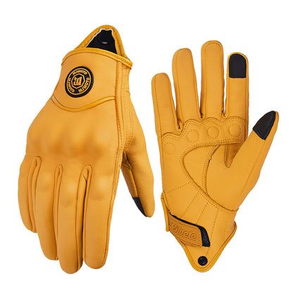Retro Yellow Leather Motorcycle Gloves Men Women Breathable Perforated Motorbike Racing Gloves Touch Screen Motocross Moto Glove