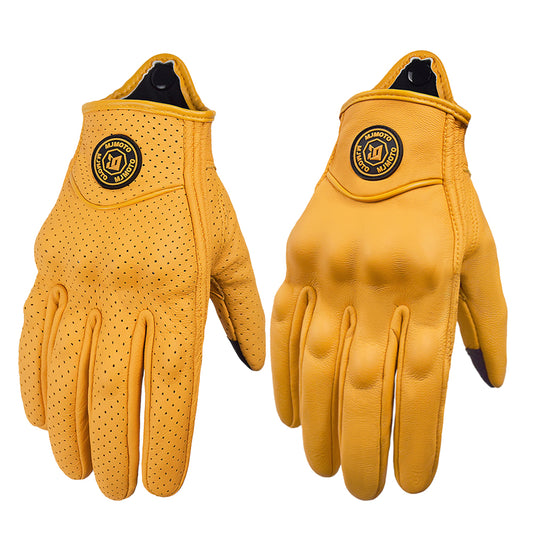 Retro Yellow Leather Motorcycle Gloves Men Women Breathable Perforated Motorbike Racing Gloves Touch Screen Motocross Moto Glove