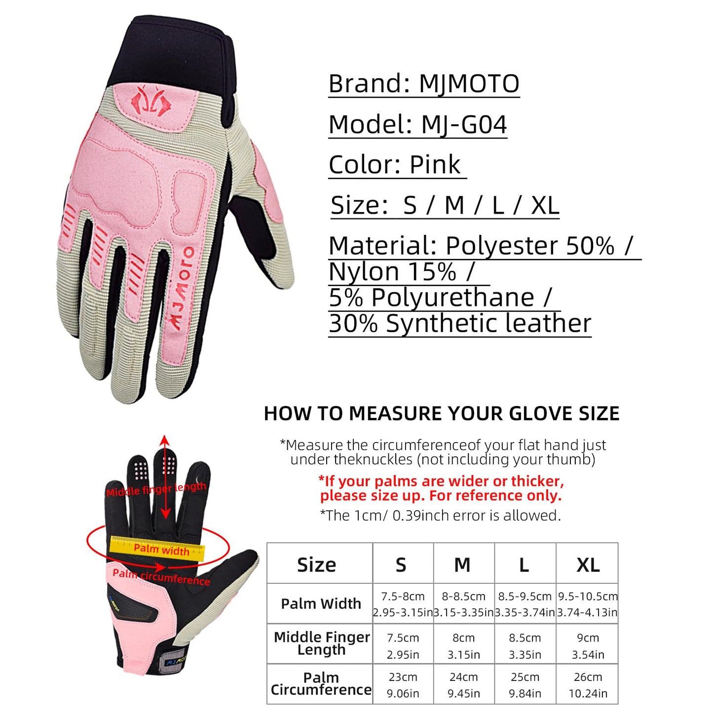 mjmoto Women's Pink Summer Gloves - Grip Detail