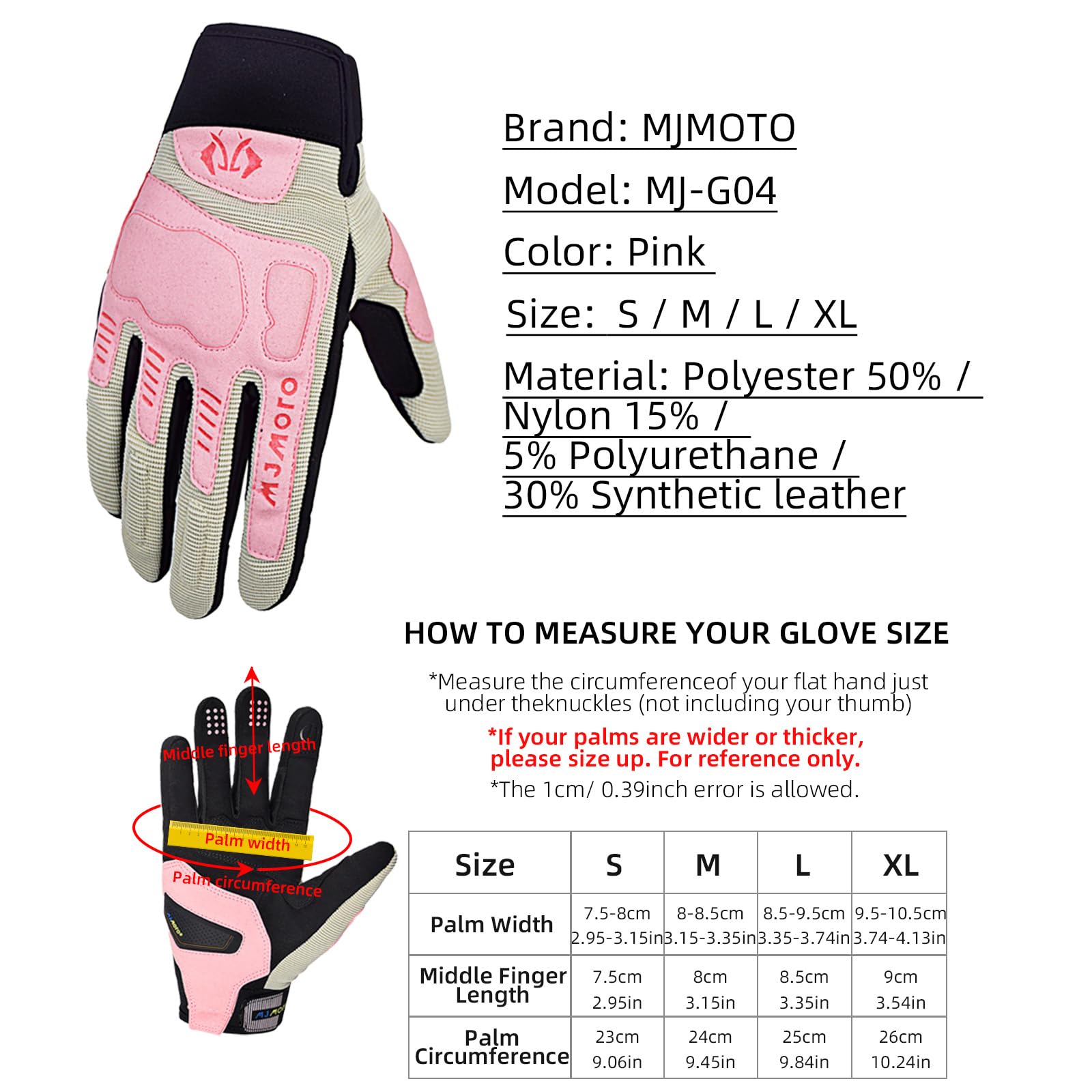 mjmoto Women's Pink Summer Gloves - Grip Detail