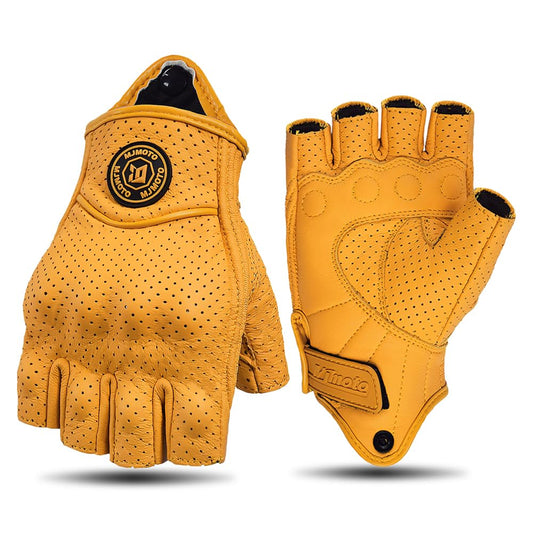 mjmoto Fingerless Leather Gloves Yellow - Front View
