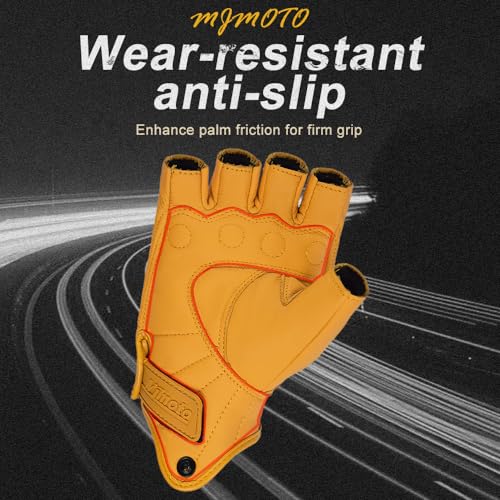 mjmoto Fingerless Leather Gloves Yellow - Grip Detail
