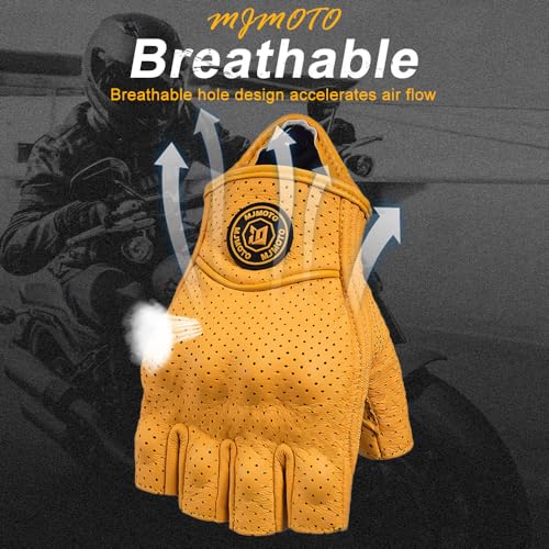 mjmoto Fingerless Leather Gloves Yellow - Knuckle Detail