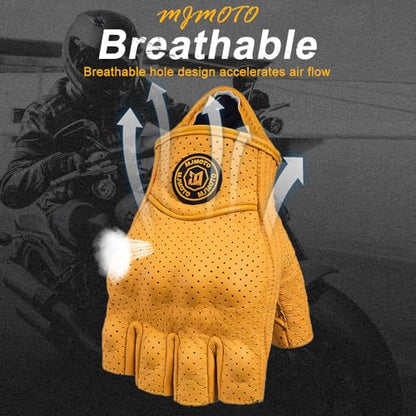 mjmoto Fingerless Leather Gloves Yellow - Knuckle Detail