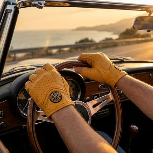 mjmoto Fingerless Leather Gloves Yellow - Side Angle