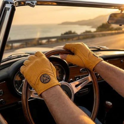 mjmoto Fingerless Leather Gloves Yellow - Side Angle